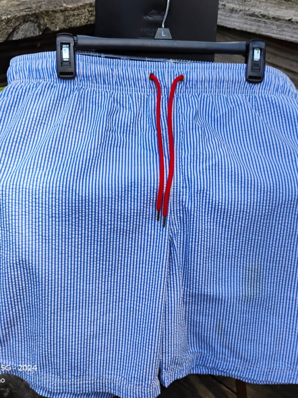Land's End men's XL seersucker swim volley trunks blue white red accents